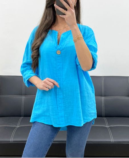 OVERSIZED COTTON GAUZE TUNIC BUTTON PE0386 AZURE BLUE