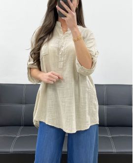 BLUSA DE GASA DE ALGODÓN CON BOLSILLO PE0457 BEIGE