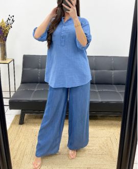 BLUSE AUS BAUMWOLLGAZE MIT TASCHE PE0457 BLAU JEANS