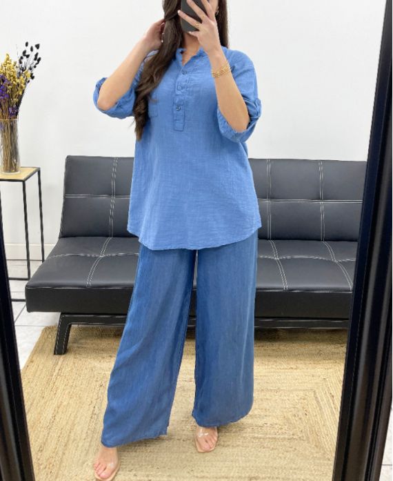 BLUSE AUS BAUMWOLLGAZE MIT TASCHE PE0457 BLAU JEANS