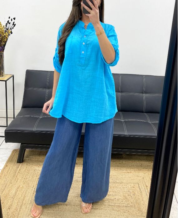 POCKET COTTON GAUZE BLOUSE PE0457 AZUR