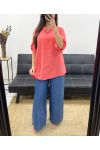 BLUSE AUS BAUMWOLLGAZE MIT TASCHE PE0457 CORAL