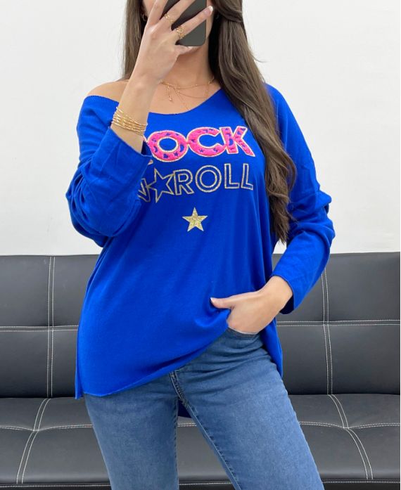 LIGHTWEIGHT LOOSE SWEATER WITH ROCK N ROLL FLOCKING PE0206 ROYAL BLUE