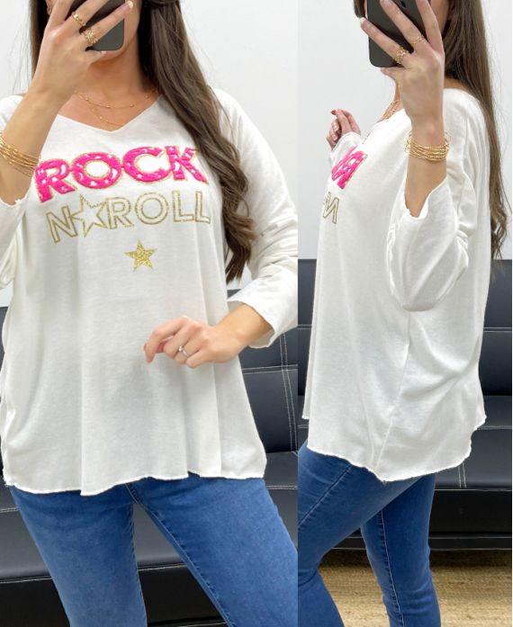 JERSEY HOLGADO Y LIGERO CON FLOCADO ROCK N ROLL PE0206 BLANCO