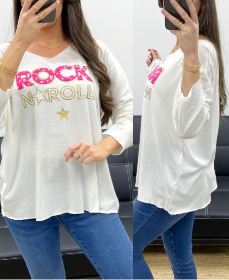 LOOSE LIGHTWEIGHT SWEATER WITH ROCK N ROLL FLOCKING PE0206 WHITE