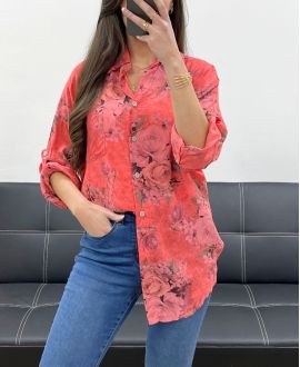 CAMISA FLUIDA ESTAMPADA CON BOLSILLO PE0347 CORAL