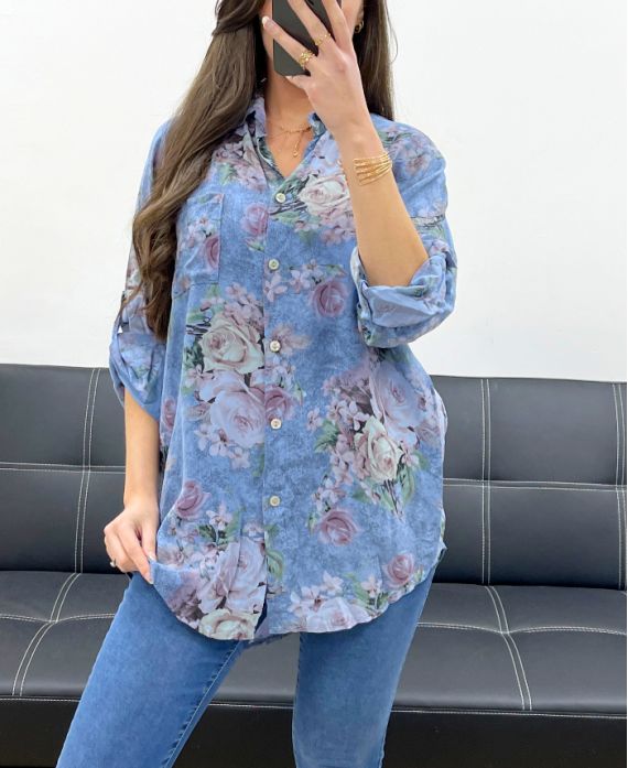 CAMICIA FLUIDA STAMPATA CON TASCHINO PE0347 BLU