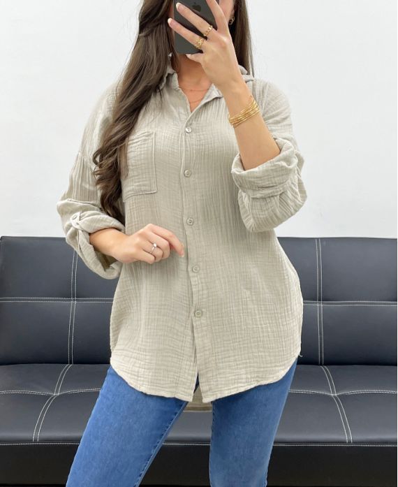 CAMISA DE GASA DE ALGODÓN CON BOLSILLO PE0193 BEIGE