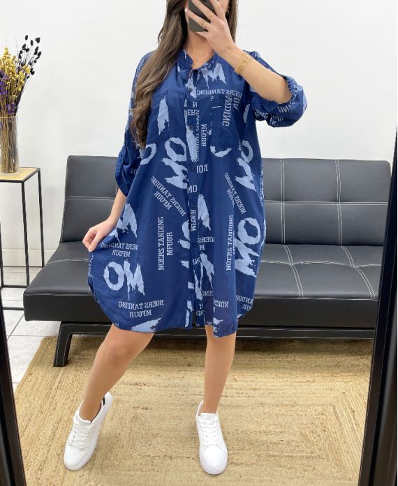 ABITO CHEMISIER OVERSIZE CON STAMPA BOTTONI PE0359 BLU NAVY