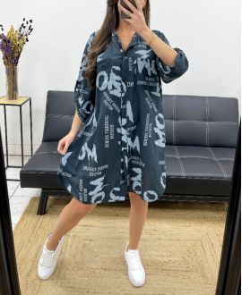 VESTIDO CAMISERO OVERSIZE CON ESTAMPADO DE BOTONES PE0359 NEGRO