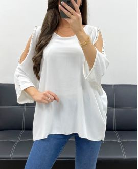 TOP OVERSIZE Z ĆWIEKAMI Z KORALIKAMI PE0249 BIAŁY