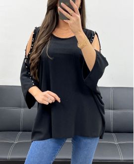 TOP OVERSIZE BORCHIATO CON PERLINE PE0249 NERO