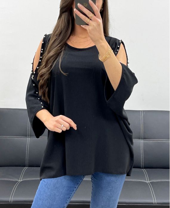 TOP OVERSIZE CLOUTE PERLES PE0249 NOIR