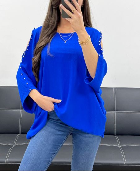 TOP OVERSIZE CON TACHUELAS Y ABALORIOS PE0249 AZUL REAL