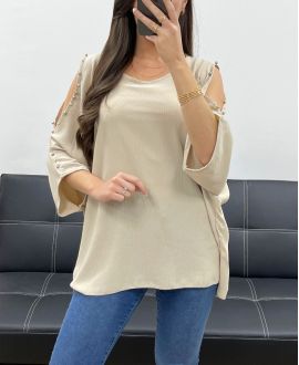 TOP OVERSIZE CON TACHUELAS CON CUENTAS PE0249 BEIGE