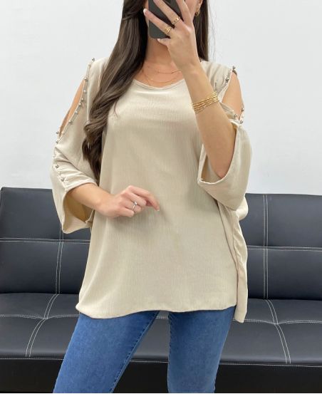 TOP OVERSIZE CON TACHUELAS CON CUENTAS PE0249 BEIGE