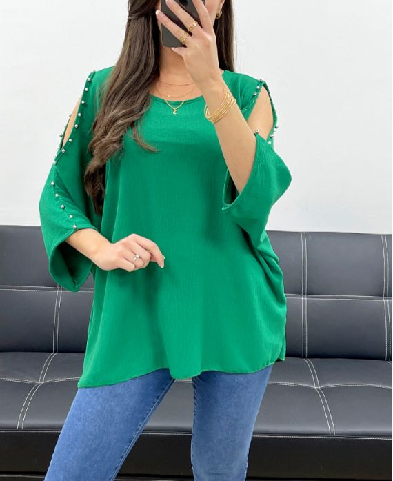 OVERSIZE-TOP MIT PERLEN MIT NIETEN PE0249 EMERALD