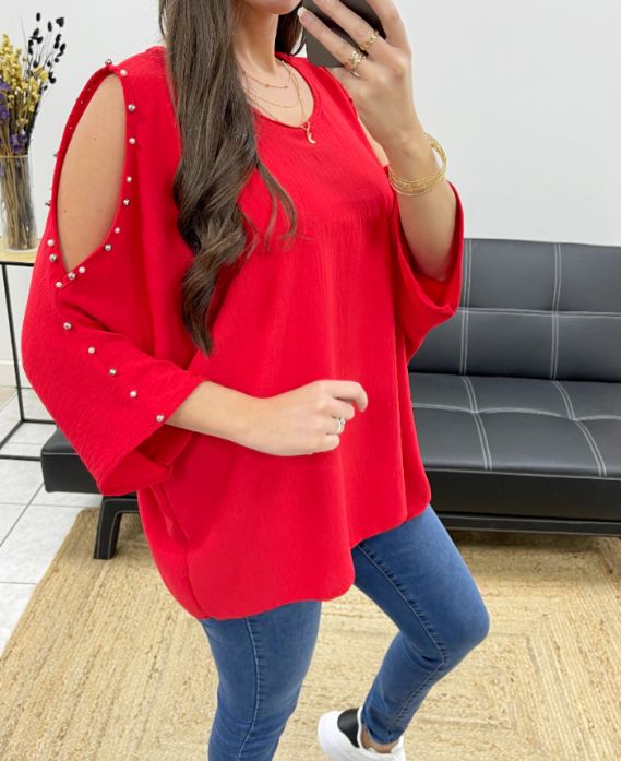 TOP OVERSIZE CON TACHUELAS CON CUENTAS PE0249 ROJO