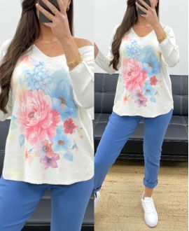 PULL DOUX SANS COUTURE IMPRIME PE0203 FLEURS BLEU