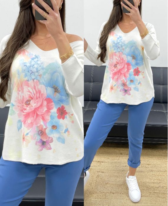 PULL DOUX SANS COUTURE IMPRIME PE0203 FLEURS BLEU