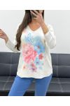 PULL DOUX SANS COUTURE IMPRIME PE0203 FLEURS BLEU