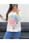 PULL DOUX SANS COUTURE IMPRIME PE0203 FLEURS BLEU