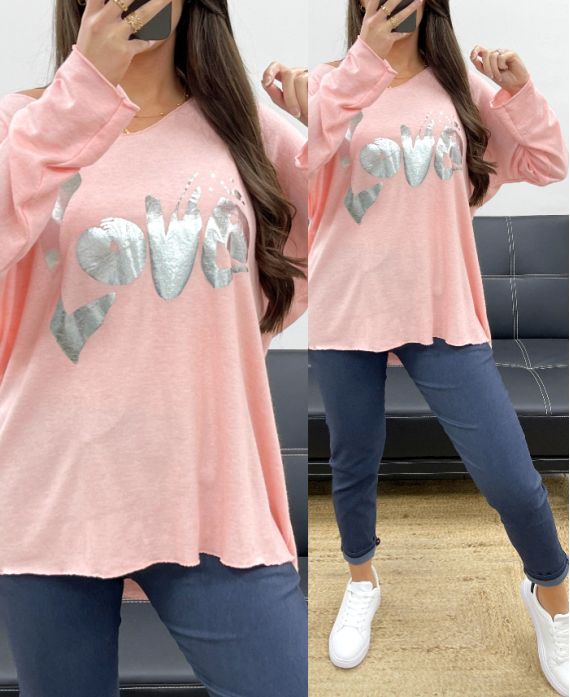 MAGLIONE LEGGERO SCIOLTO FLOCCAGGIO AMORE PE0232 ROSA