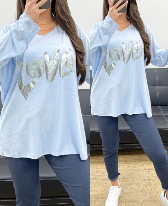 LOOSE LIGHTWEIGHT SWEATER FLOCKING LOVE PE0232 SKY BLUE