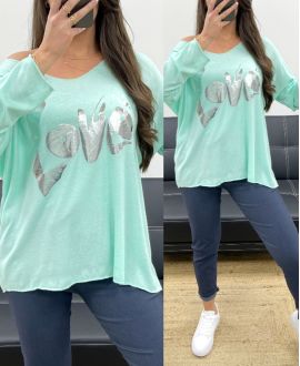 PULL AMPLE LEGER FLOCAGE LOVE PE0232 VERT PASTEL