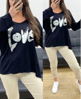 LOOSE LIGHTWEIGHT SWEATER FLOCKING LOVE PE0232 BLACK