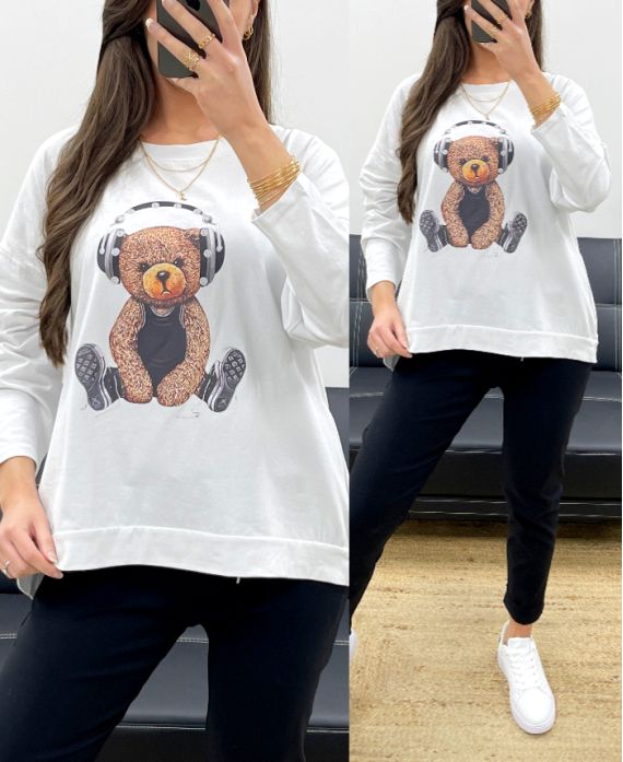 CAMISETA DE OSITO DE PELUCHE DE ALGODÓN SUELTO PE0198-1 BLANCO