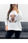 CAMISETA DE OSITO DE PELUCHE DE ALGODÓN SUELTO PE0198-1 BLANCO