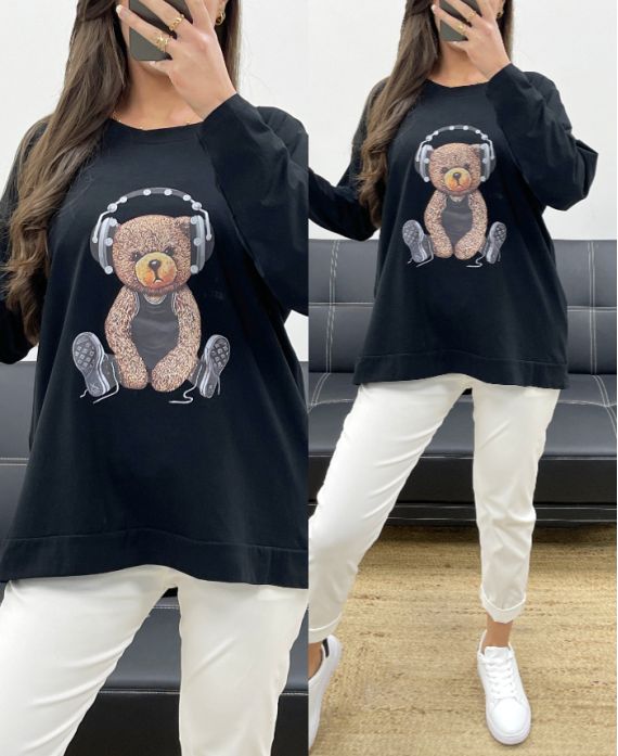 CAMISETA DE OSITO DE PELUCHE DE ALGODÓN SUELTO PE0198-1 NEGRO