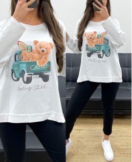 CAMISETA DE OSITO DE PELUCHE DE ALGODÓN SUELTO PE0198-3 BLANCO