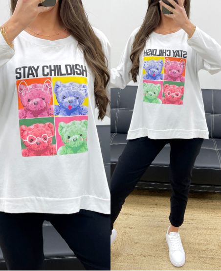 LOOSE COTTON TEDDY BEAR T-SHIRT PE0198-2 WHITE