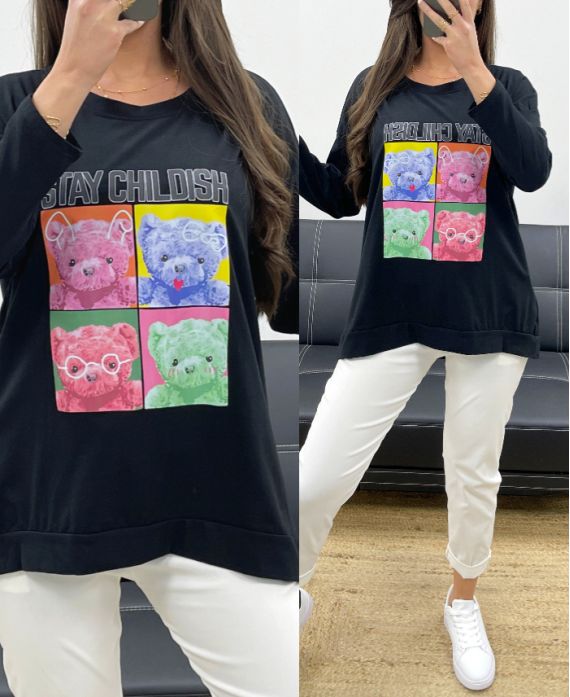 LOOSE COTTON TEDDY BEAR T-SHIRT PE0198-2 BLACK