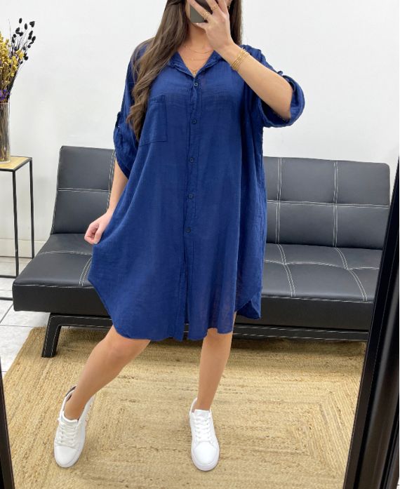 VESTIDO CAMISERO OVERSIZE DE GASA DE ALGODÓN PE0410 AZUL MARINO