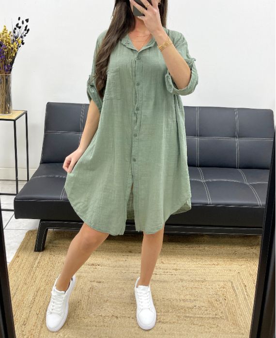 COTTON GAUZE OVERSIZED SHIRT DRESS PE0410 KHAKI