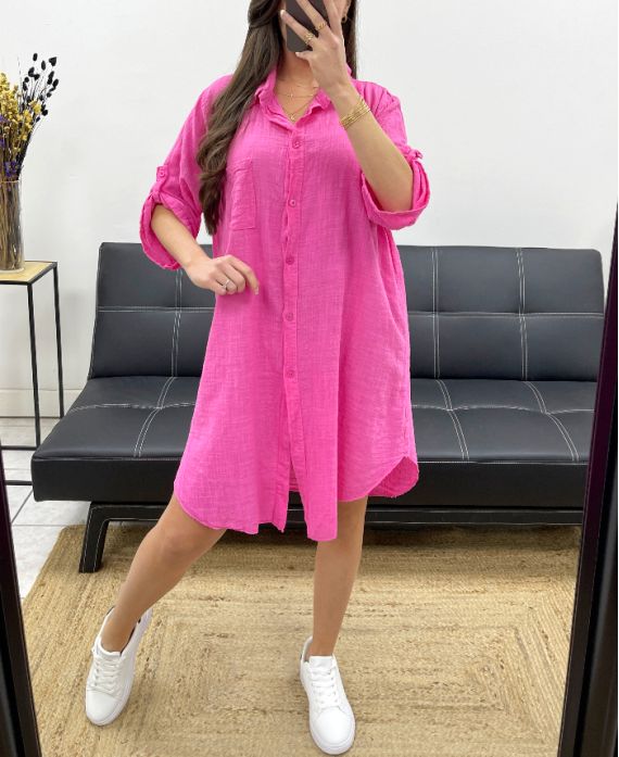 COTTON GAUZE OVERSIZED SHIRT DRESS PE0410 FUSHIA