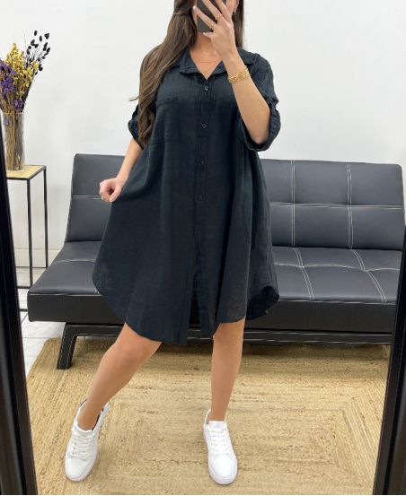 COTTON GAUZE OVERSIZED SHIRT DRESS PE0410 BLACK