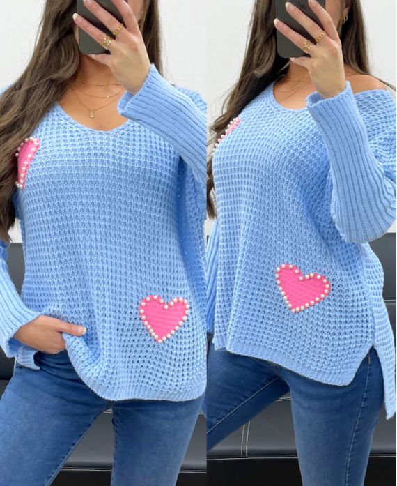 MAGLIA CUORE BORCHIATO PE0147 AZZURRO CIELO