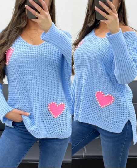 MAGLIA CUORE BORCHIATO PE0147 AZZURRO CIELO