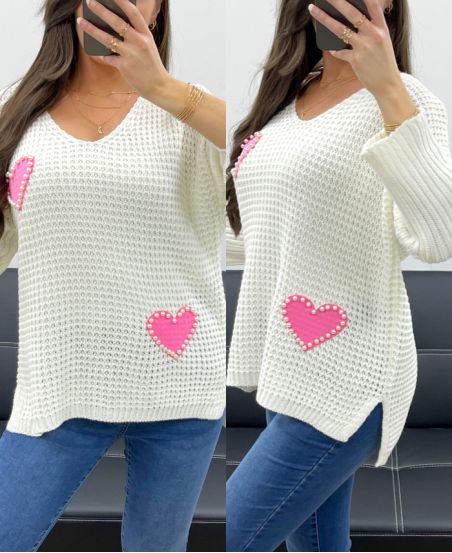 STUDDED HEART SWEATER PE0147 WHITE