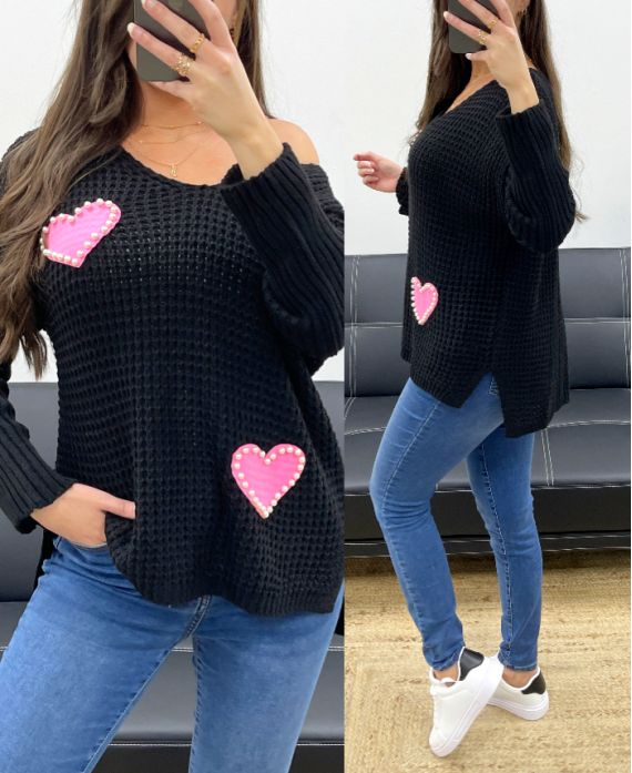 PULLOVER CLOUTE COEUR PE0147 NOIR