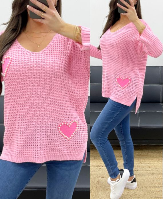 PULLOVER MIT NIETEN HERZ PE0147 ROSA