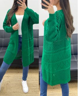 GILET LONG MAILLE AJOURE PE0093 EMERAUDE