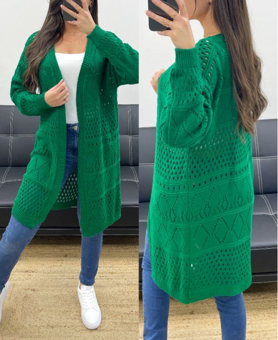 GILET LUNGO IN MAGLIA TRAFORATA PE0093 EMERALD