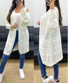 GILET LONG MAILLE AJOURE PE0093 BLANC