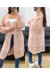 LANGE STRICKJACKE MIT DURCHBROCHENEM STRICK PE0093 ROSA