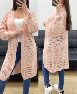 LANGE STRICKJACKE MIT DURCHBROCHENEM STRICK PE0093 ROSA